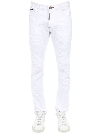 Philipp Plein Straight Destroyed Cotton Denim Jeans In White