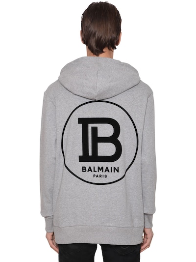 Balmain Flocked Cotton Jersey Sweatshirt Hoodie In Grey
