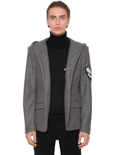 Balmain Hooded Virgin Wool Jacket In Grey