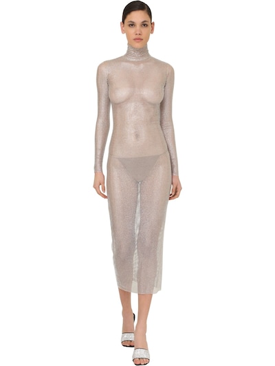 Alessandra Rich Crystal Mesh Turtleneck Midi Dress In Silver