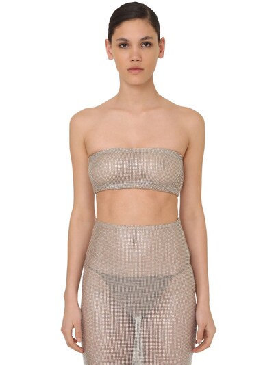 Alessandra Rich Stretch Crystal Mesh Bandeau Top In Silver