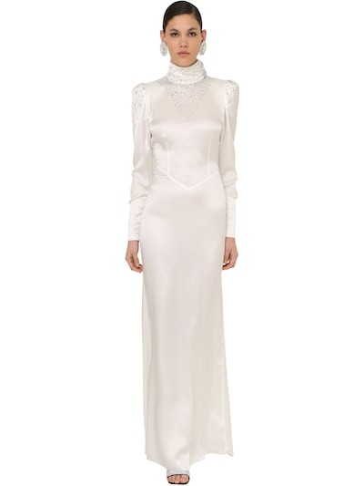 Alessandra Rich Long Embellished Satin Turtleneck Dress In White