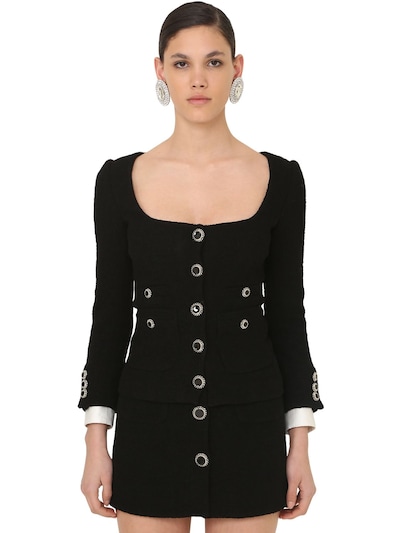 Alessandra Rich Lacquered Button Tweed Jacket In Black