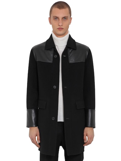Bottega Veneta Double Wool Coat W/ Leather Details In Black