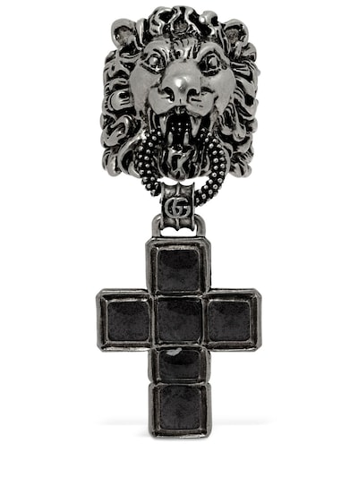 Gucci Lion Head & Crucifix Enameled Ring In Silver,black