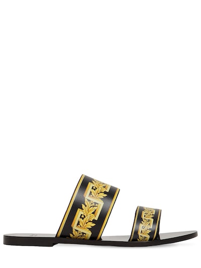 Versace 10毫米印图皮革凉鞋 In Black,gold