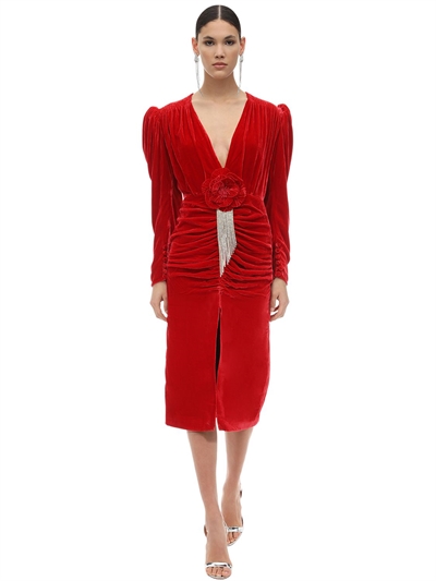 red silk midi dress