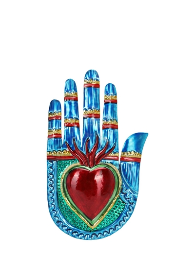 Pink Pampas Sacred Heart Hand Metal Wall Decor Blue Multi