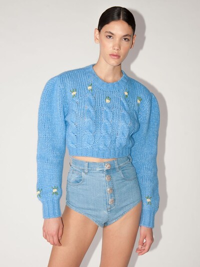 Alessandra Rich Lvr Exclusive Cropped Wool Knit Sweater In Light Blue