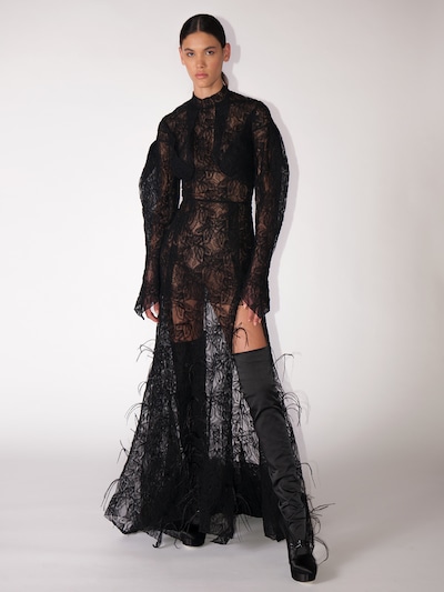 Olivier Theyskens Exclusive Feather Embellished Lace Dress In Black