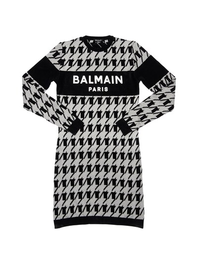 Balmain Houndstooth Viscose Cotton Knit Dress Black White Luisaviaroma