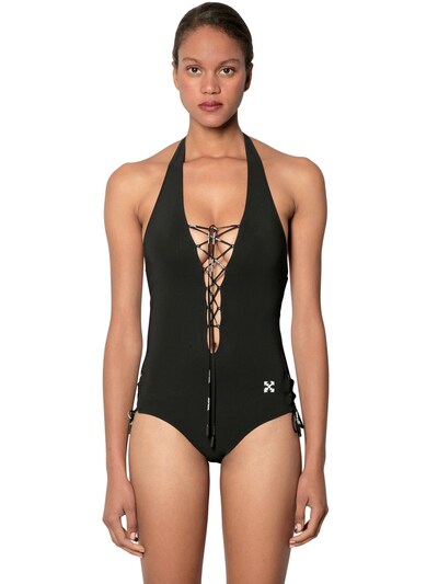 Logo lace-up one piece swimsuit 