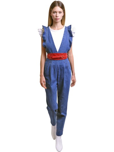 ruffle sleeve denim jumpsuit