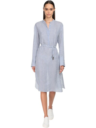 blue and white striped linen dress