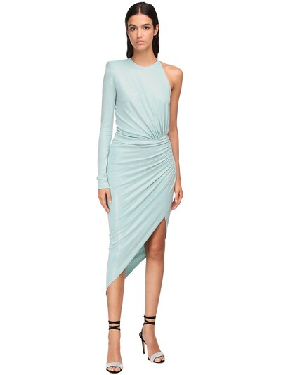 mint one shoulder draped midi dress