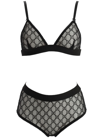 Gucci - Gg embroidered sheer tulle lingerie set - Black | Luisaviaroma