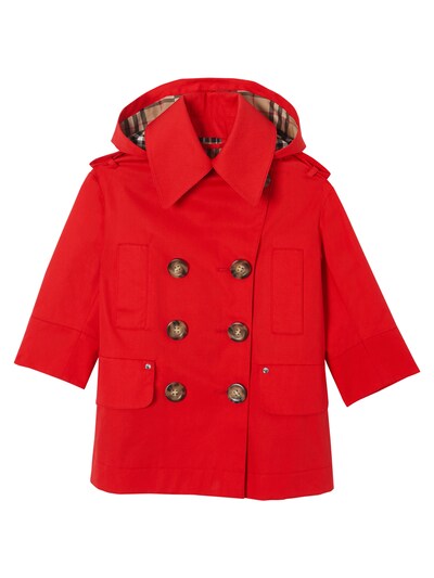 red trench coat with hood