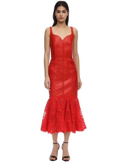 Leather \u0026 lace peplum midi dress - Red 