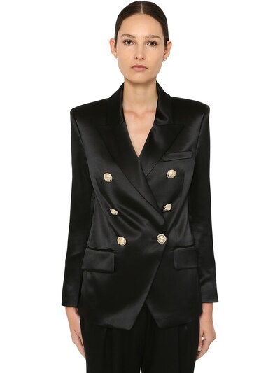 Balmain - Double breasted silk satin jacket - Black | Luisaviaroma