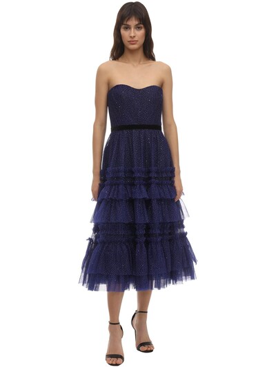 Marchesa Notte Glittered Tulle Midi Dress Blue Luisaviaroma