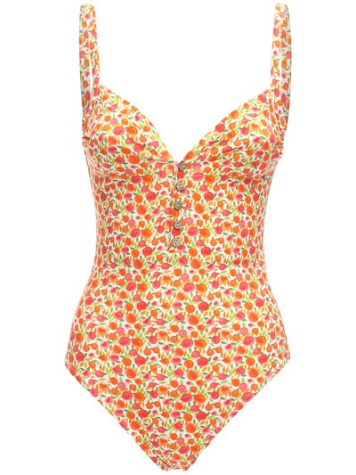 orange and white one piece swimsuit