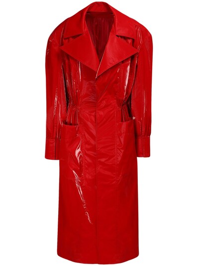 red trench coat with hood