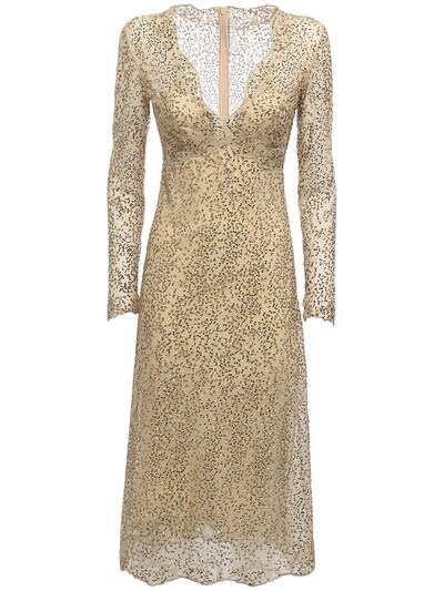 gold lace midi dress