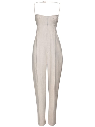 beige wide leg jumpsuit