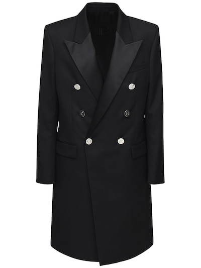 Balmain - Double breast wool coat w/ satin lapel - Black | Luisaviaroma