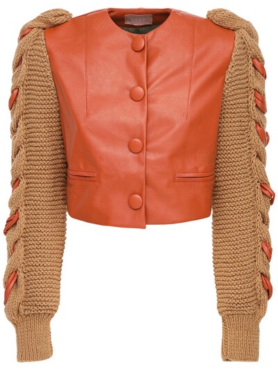 faux leather jacket with knit sleeves