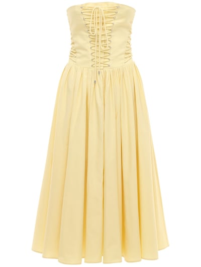 yellow strapless midi dress