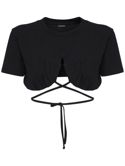 Jacquemus - Le t-shirt baci cotton self tie crop top - Black | Luisaviaroma