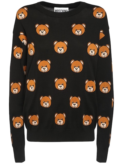 Teddy bear intarsia cotton knit sweater 