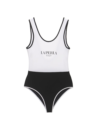 La Perla Logo Print One Piece Swimsuit Black White Luisaviaroma