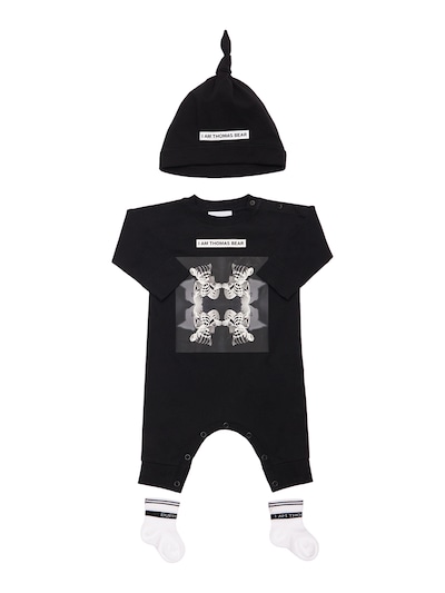 Burberry - Bear print cotton romper, hat & socks - Black | Luisaviaroma