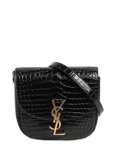 Saint Laurent Kaia Croc Embossed Leather Crossbody Bag in Black