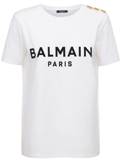 Arkæologiske Displacement Optagelsesgebyr Balmain - Logo flocked organic cotton t-shirt - White/Black | Luisaviaroma