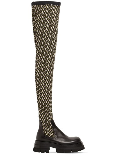 Damen Schuhe Stiefel Overknee Stiefel Versace 60mm Hohe Stiefel Aus Leder Und Stretch-strick in Schwarz 