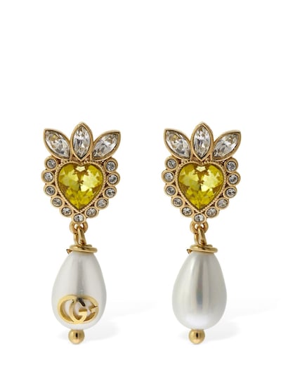Orientalsk Bunke af orange Gucci - Crystal & faux pearl heart earrings - Yellow/Cream | Luisaviaroma