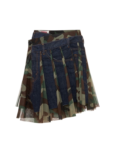 Cotton denim tulle militery print skirt 