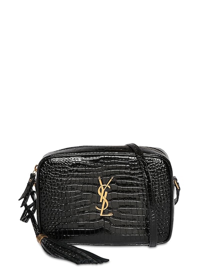 SAINT LAURENT Lou Croc-Embossed Camera Bag in Black Leather