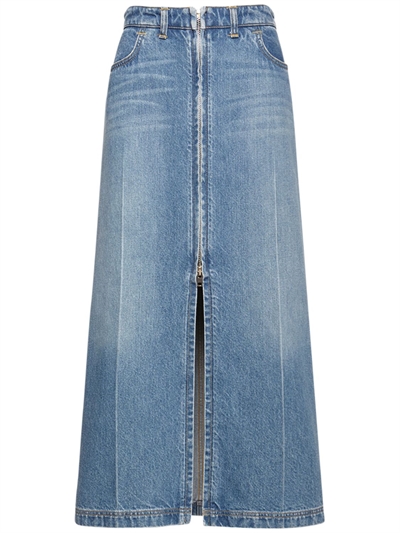 zip through denim midi skirt