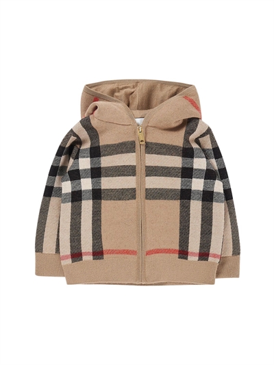 Check print wool blend knit zip hoodie 