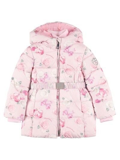 Monnalisa - Rose print nylon puffer jacket w/ belt - Pink | Luisaviaroma