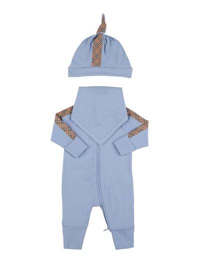 Burberry - Cotton romper, hat & bib w/check inserts - Light Blue |  Luisaviaroma