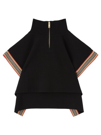 Burberry - Merino wool cape w/ icon stripe trim - Black | Luisaviaroma