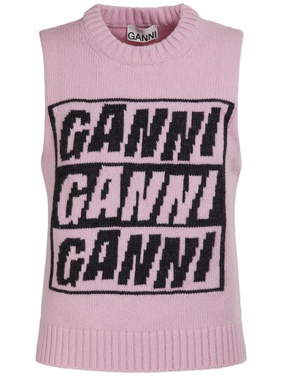 GANNI - Logo knit wool blend vest - Pink/Black | Luisaviaroma