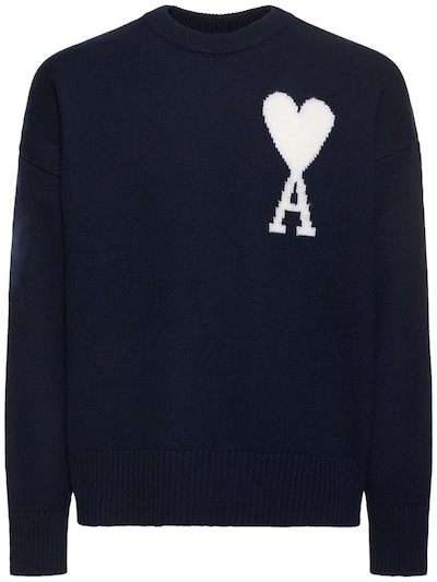 AMI Paris - Logo wool knit sweater - Blue/White | Luisaviaroma