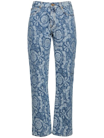 Versace Baroque Jacquard Denim Jeans In Blue