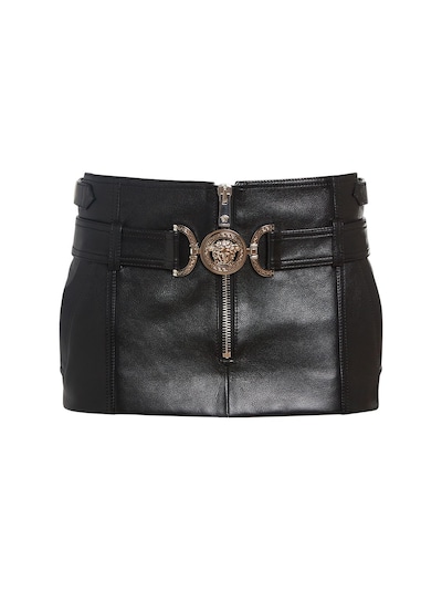 Versace - Leather belted mini skirt w/ logo - Black | Luisaviaroma